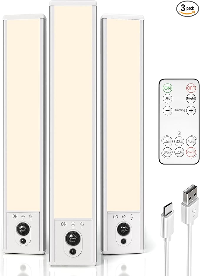 EZVALO 3 Pack Under Cabinet Lighting, Rechargeable Motion Sensor Light, LED Closet Lights Wireless, 3500K Dimmable, Timer, Magnetic, with Remote Control for Kitchen, Closet, Stair