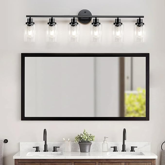 Guliaofo 6-Light E26 Black Bathroom Vanity Lights, Modern Bathroom Light Fixtures with Clear Glass Shade, Wall Lamps for Mirror Hallway Kitchen Cabinet Living Room Sconces Lights