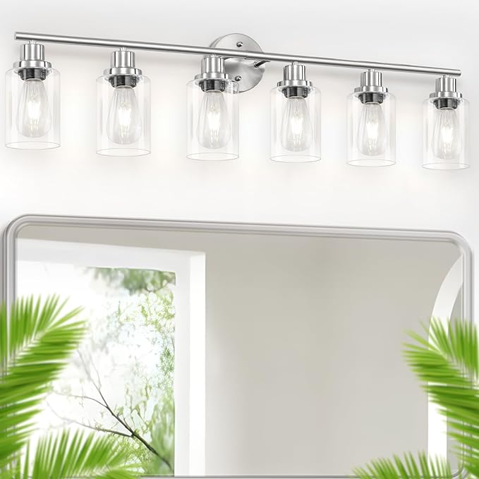Guliaofo 6-Light Nickel Bathroom Vanity Lights, E26 Modern Bathroom Light Fixtures with Clear Glass Shade, Wall Lamps for Mirror Hallway Kitchen Cabinet Living Room Sconces Lights