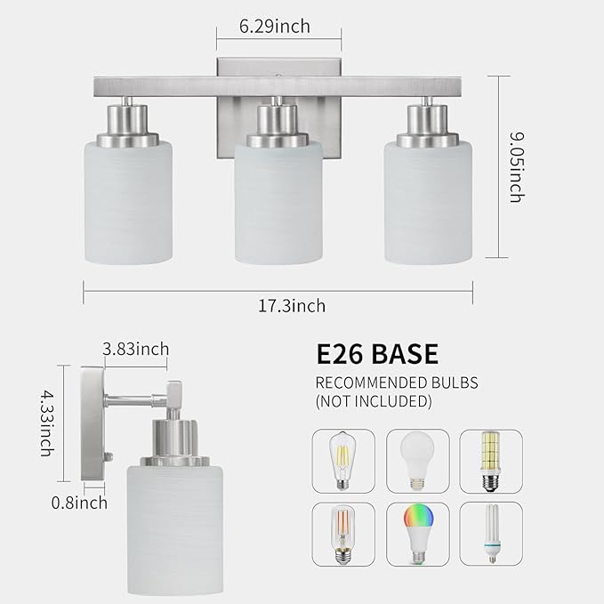 DIKAIDA 3-Light Bathroom Light Fixtures, Nickel Vanity Light, Modern Bathroom Wall Lights Over Mirror, Farmhouse Wall Sconces Lighting for Bedroom Living Room