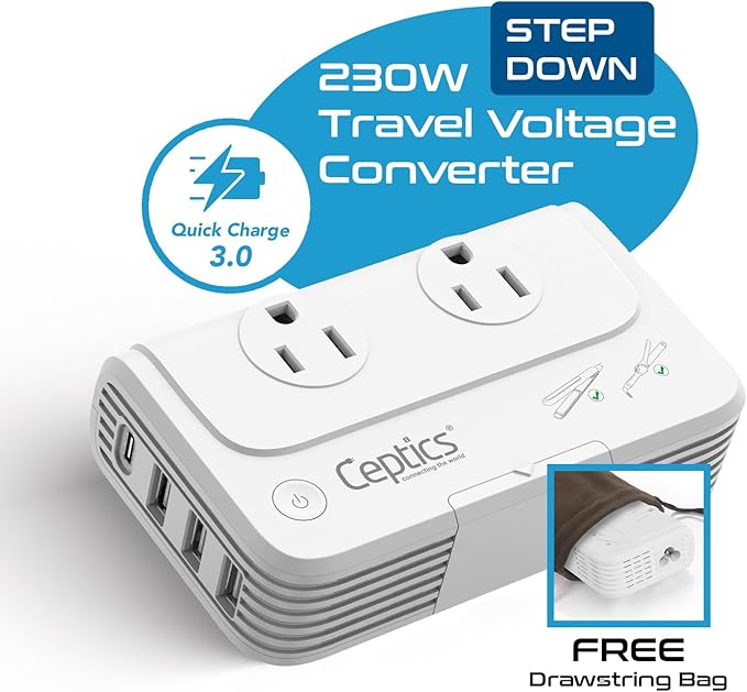 Ceptics South Africa Voltage Converter - 200W Convert 220V to 110V for Devices Like Curling Iron, Straightener, Chargers, Step Down World Power Plug 4 USB PD 18W Fast Charging Type M, G, E/F