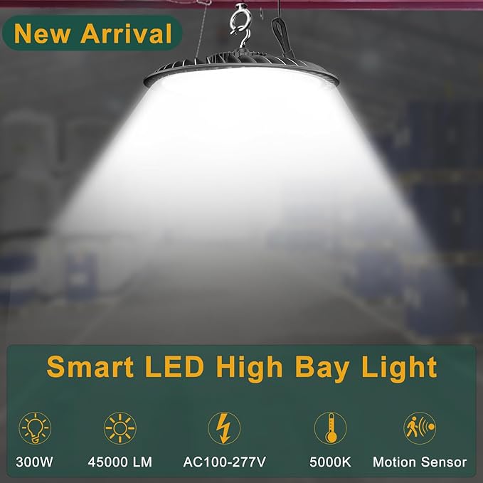ACOHOOK 300W LED High Bay Light Motion Sensor(Energy Saving), 45000lm Commercial Bay Lights with Remote Control AC100-277V High Bay LED Shop Lights Supports Normal Mode & Motion Mode Switching- 6Pack