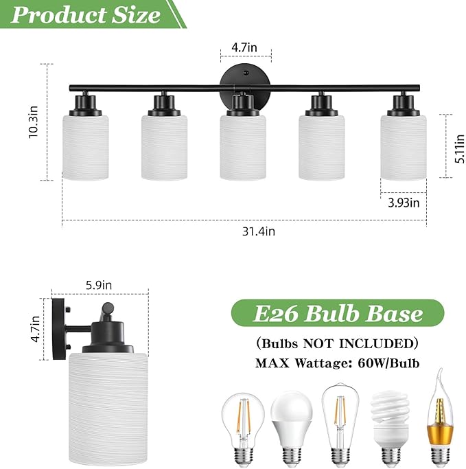 Guliaofo 5-Light Bathroom Light Fixtures, E26 Base Vanity Lights for Mirror with Textured Milky White Glass Shade, Modern Kitchen Light Fixtures Wall Sconce Light - Black