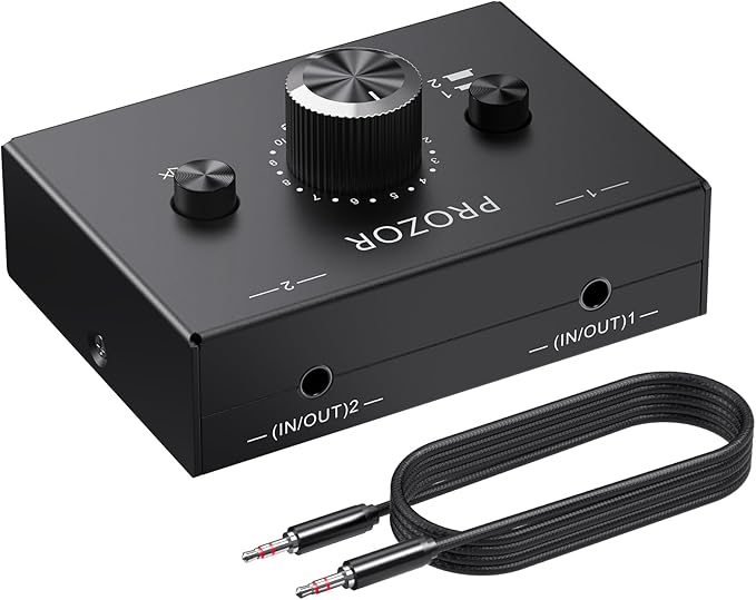 PROZOR 3.5mm Audio Bi-Directional Switcher - 2(1)-in-1(2)-Out 3.5mm Stereo Audio Switch Splitter 2 x 1/1 x 2, with Mute Button and No External Power Required