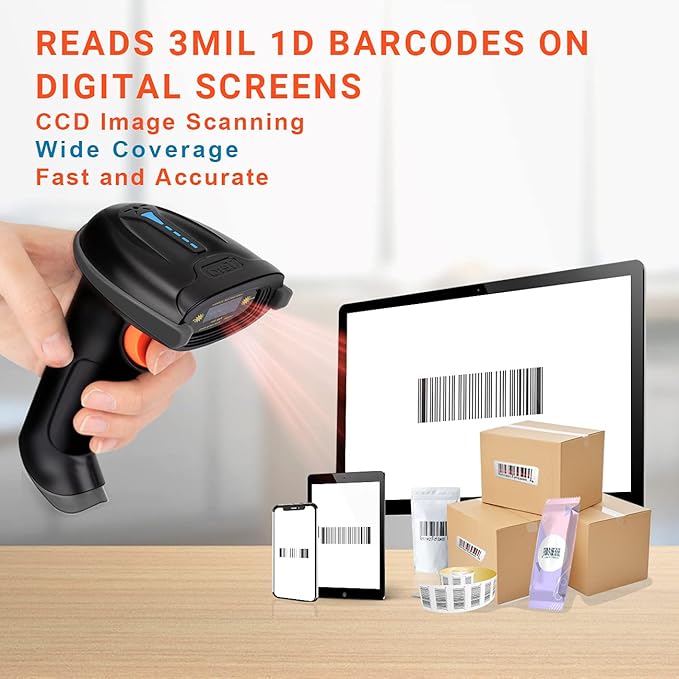 Tera Pro 1D Wireless Barcode Scanner 3 in 1 Bluetooth & 2.4G Wireless & USB Wired CCD Cordless 2500 Pixel Bar Code Reader with Battery Level Indicator for Windows Mac Android iOS Model T5100C,Orange