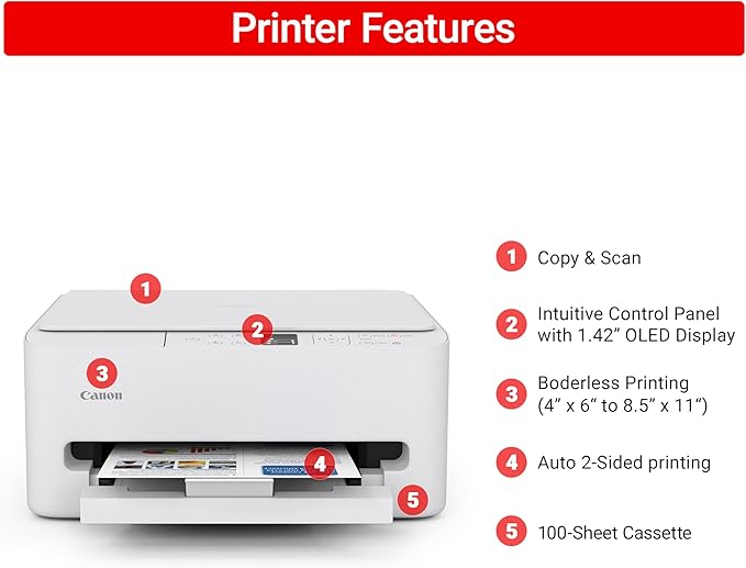 Canon PIXMA TS6520 Wireless Color Inkjet Printer for Duplex Printing, White – Home Printer with Copier/Scanner, 1.42” OLED Display, Intuitive Control Panel, Compact Design