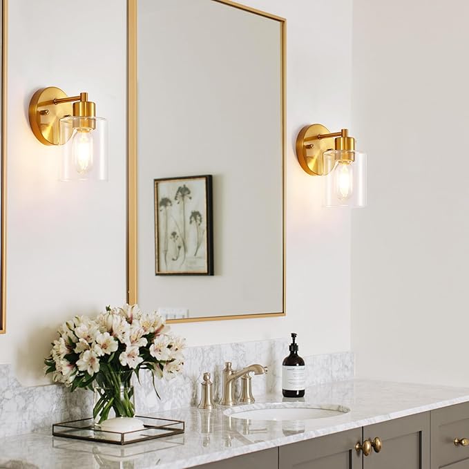 SOPEAS Brushed Gold Wall Sconce, Gold Vanity Light Modernbathroom Light fixtures with Clear Glass Shade Entrance Lamp Hallway Living Room Mount Bathroom Fixtures for Mirror (2PACK)