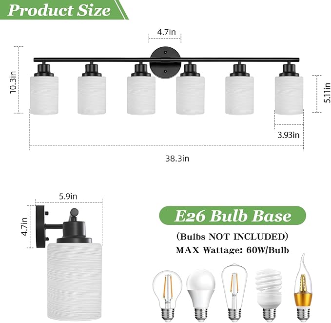 Guliaofo 6-Light Bathroom Light Fixtures, Vanity Lights for Mirror with Textured Milky White Glass Shade, E26 Base Modern Kitchen Light Fixtures Wall Sconce Light - Black