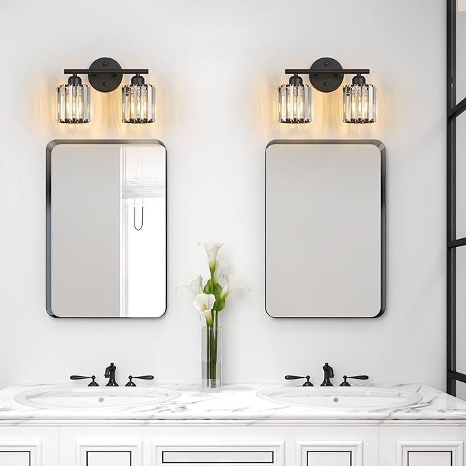FDPBY Modern 2 Light Crystal Vanity Light, Black Vertical Bathroom Light Fixture Over Mirror for Dressing Table Sink, Compatible with Dimmable Bulbs (Bulbs Not Included)