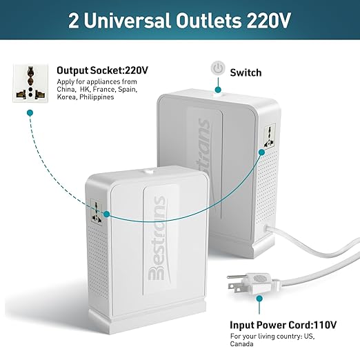 BESTRANS 2000W Step Up Transformer 110v to 220v Converter, Heavy Duty Voltage Converter 110v-120v to 220v-240v with Dual Outlets, Overload Protection & Ultra-Quiet for Home Appliances, Pearl White