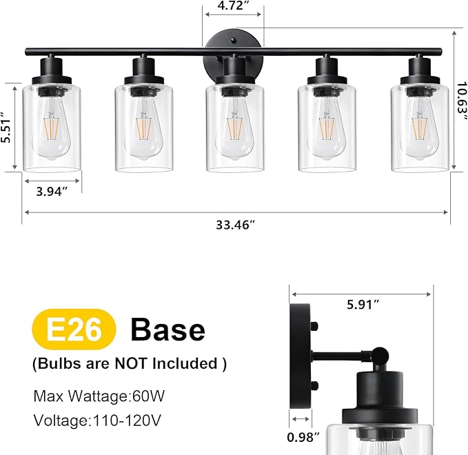 Unicozin Modern Bathroom Light Fixtures, 5 Light Vanity Lights, Black Wall Lamp with Clear Glass for Bathroom, Mirror, Living Room, Bedroom, Hallway, E26 Base