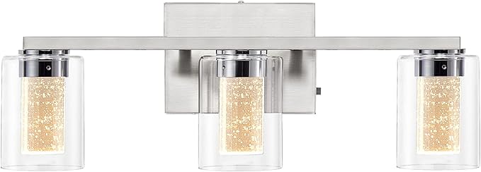 SADENICEL Brushed Nickel Vanity Lights, 3-Light Bathroom Light Fixtures, Crystal LED Bathroom Lights Dimmable White/Neutral/Warm Light with Clear Glass Shade for Bathroom Bedroom Hallway Lighting