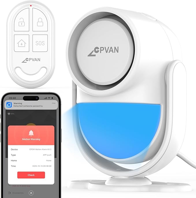 CPVAN WiFi Motion Sensor Alarm, 125dB Wireless Smart PIR Motion Detector Alarm for Home Security System with Phone APP Alert (Indoor PIR Alarm Host, 1 Remote), White