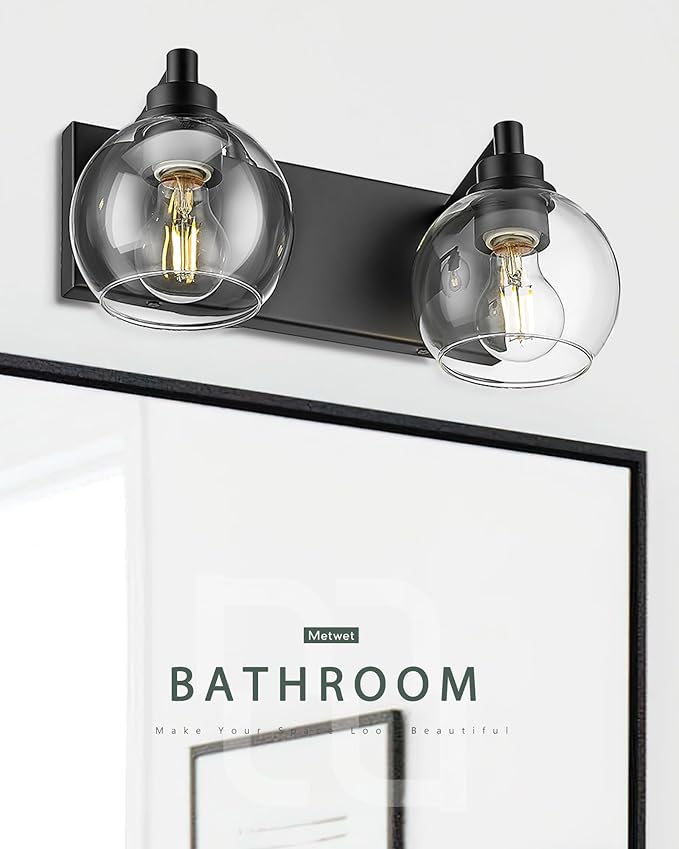 METWET Bathroom Light Fixtures, 2 Light Matte Black Vanity Light, Modern Wall Sconces with Clear Glass Globe Shade, Bathroom Wall Lights Over Mirror Kitchen Bedroom Hallway, VL195-MB-2