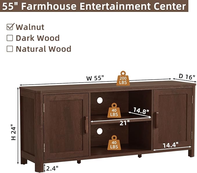 Joaxswe Farmhouse 55" Entertainment Center, Dark Walnut Tv Stand with Adjustable Shelves & 2 Door Storage,Wood Media Console Cabinet for TVs Up to 65 inches, Rustic Tv Stands for Living Room,Bedroom