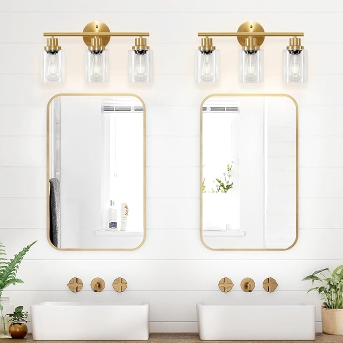Guliaofo 3-Light Brushed Gold Vanity Lights, E26 Modern Bathroom Light Fixtures with Clear Glass Shade, Wall Lamps for Mirror Kitchen Hallway Cabinet Living Room Sconces Lights