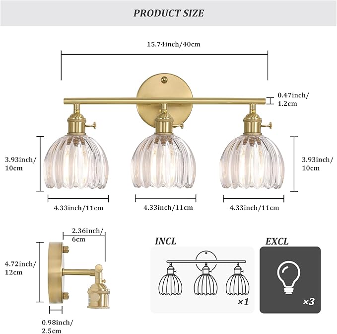 Shenmoyl Bathroom Light Fixtures, 3-Light Brass Vanity Wall Light Over Mirror with Clear Tulip Glass Shade for Bedroom Living Room (Bulb Not Included)