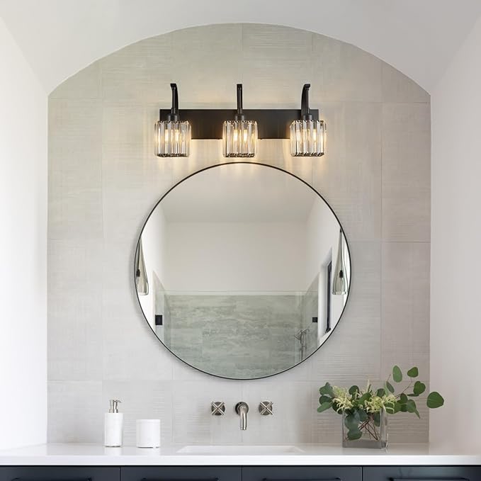 FDPBY Crystal Vanity Lights 3-Light Black Bathroom Vanity Lights Modern Crystal Bathroom Light Fixtures Over Mirror 23.62" Long Vanity Light for Bathroom