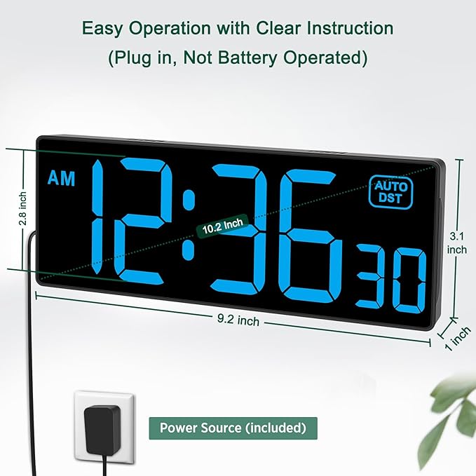 Soobest LED Wall Clock Digital Clock with Seconds, Electric Plug in Large Big Numbers Clock 5 Dimmers Wall Mount for Living Room, Auto DST, 10 Inches (Blue)