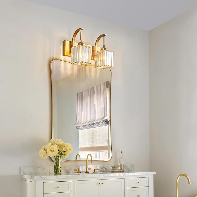 FDPBY Crystal Vanity Lights 2-Light Gold Wall Lamp Modern Crystal Bathroom Light Fixtures Over Mirror 13.77" Long Bathroom Wall Sconce