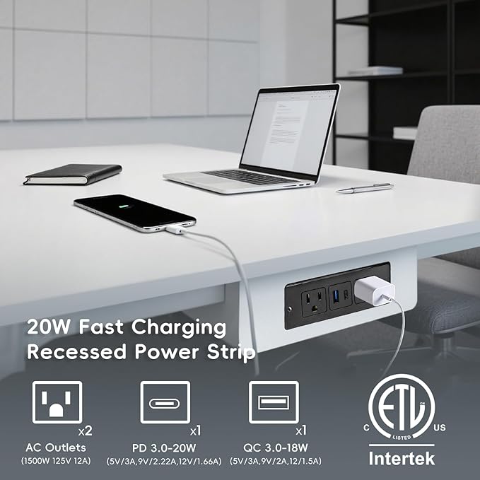 Havorbit 20W Recessed Power Strip USB, 2 AC Outlets + 1 USB-C + 1 USB-A Ports, 6ft Cord, Space Saving Furniture Outlet for Desk/Bedside/Kitchen/Drawer (18W USB-A & 20W USB-C Fast Charge)