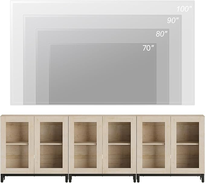 WAMPAT Modern TV Stand with Glass Doors for 110 inch TVs, 3 in 1 Entertainment Center Console with Adjustable Shelves and Metal Base for Living Room, Bedroom, Light Oak