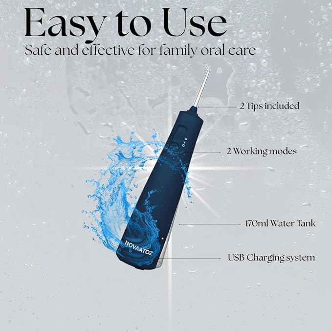 NOVAATOZ HydroAdvance Cordless Water Flosser for Teeth & Gums | Rechargeable Portable Oral Irrigator for Braces & Travel | Pulse Cleaning with 2 Flossing Tips | Waterproof Dental Care Device (Blue)