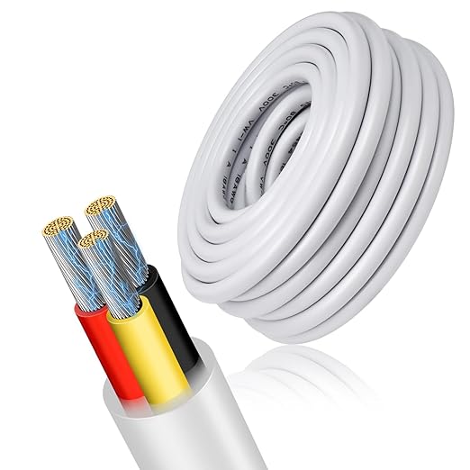 22 Gauge 3 Conductor Electrical Wire, 32.8 FT Low Voltage 22/3 Tinned Copper Stranded 3 Wire Cable, 22 AWG White Flexible Extension Power Cord for Automotive, LED Lamp, Outdoor Landscape Lighting Etc