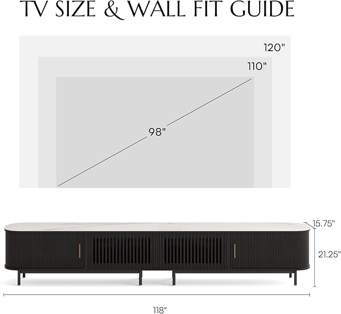 POVISON Sliding Tambour Door TV Stand, Mid Century Modern TV Console, Wood Media Console, Entertainment Center with Storage Cabinet, Fully-Assembled (Black, 118.11")