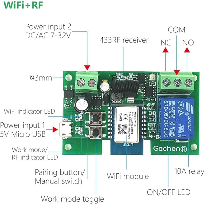 Newgoal WiFi Inching/Selflocking Relay Modules WiFi Momentary Switch with 433 MHz RF Remote Control(Tuya SmartLife APP)