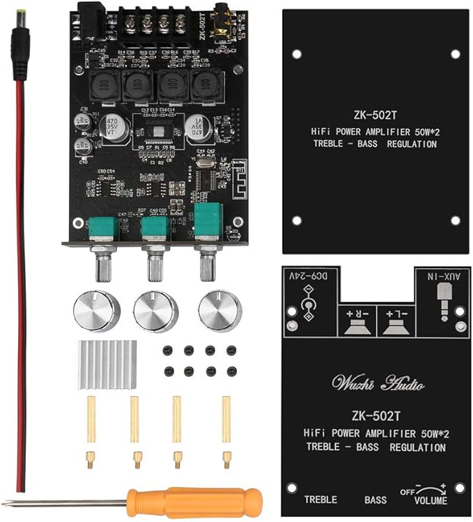 ZK-502T Power Amp Bluetooth 5.0 Audio Amplifiers Board 2.0 Channel 50W+50W AUX BT DC12-24V Mini Stereo Amplifier Module with Treble and Bass for DIY Home Speakers