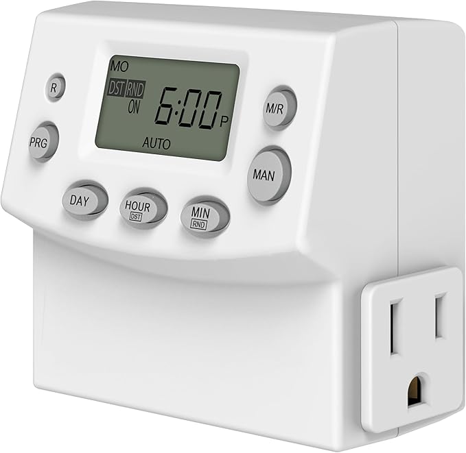 TG Heavy Duty Programmable Plug-in Digital Timer for Electrical Outlets, 7-Day Schedule, Random Mode, 120V 15A 1200W