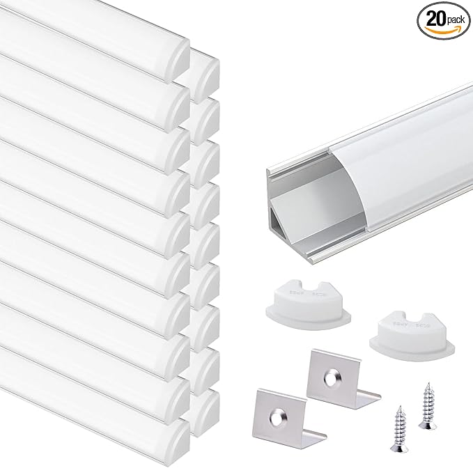 VST 20Pack 1 ft LED Aluminum Channel with Milky White Cover V Shape 16x16mm, Led Strip Light Track with End Caps and Mounting Clips Accessories for Living Room, Kitchen