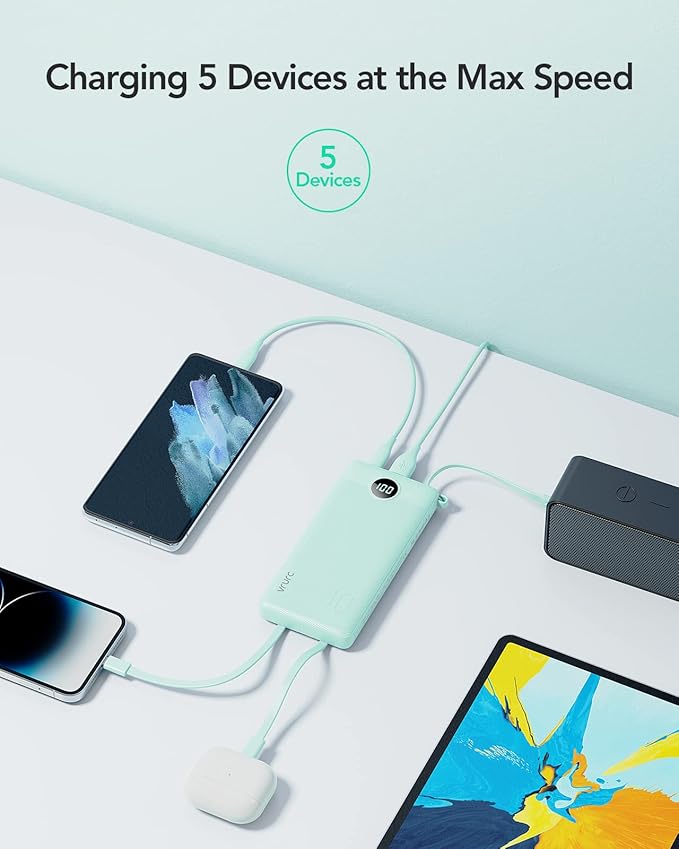 VRURC Portable Charger for iPhone, 22.5W Fast Charging Power Bank 10000mAh, USB C Battery Pack 4 Outputs 3 Inputs, Slim Phone Charger with Cables for iPhone 17 16 15 14 13,Samsung Galaxy-Green(1 Pack)