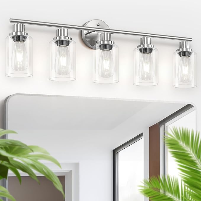 Guliaofo 5-Light Bathroom Vanity Lights, E26 Modern Brushed Nickel Bathroom Light Fixtures with Clear Glass Shade, Mirror Kitchen Hallway Cabinet Living Room Sconces Wall Lights