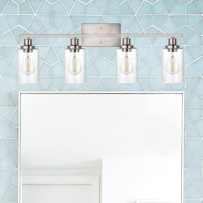 WINSHEN 4-Lights Modern Vanity Light Fixtures for Bathroom Over Mirror, Farmhouse 31-Inches Length Seeded Glass Bath Wall Sconce Lighting in Brushed Nickel
