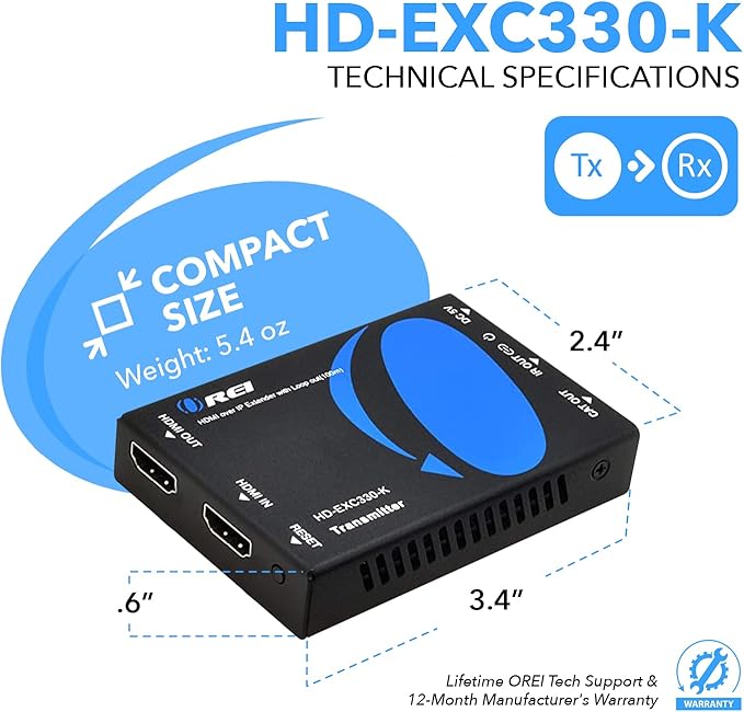 OREI HDMI over Ethernet Extender Over CAT5/CAT6 over IP one to many option, with IR Upto 330 Feet - Loop Out - 1080P Full HD Signal Distribution (HD-EXM330-K)