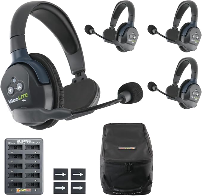 EARTEC UL4S Ultralite-HD 4-Person Full Duplex Wireless Intercom Headset Communication System, Single Ear Headsets, Up to 1000ft Range, U.S. Company