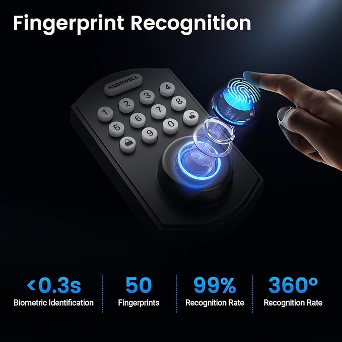 KNOBWELL Fingerprint Door Lock, Smart Keypad Deadbolt, Keyless Entry Lock for Front Door - Auto Lock - Easy Installation - Matte Black