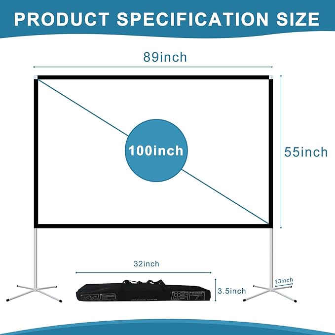 Projector Screen and Stand 100 Inch Portable Outdoor Projection Screen 16:9 4K HD Movie Projection Screen with Carry Bag for Indoor Outdoor Home Theater Film Night Party Camping Foldable Anti Crease