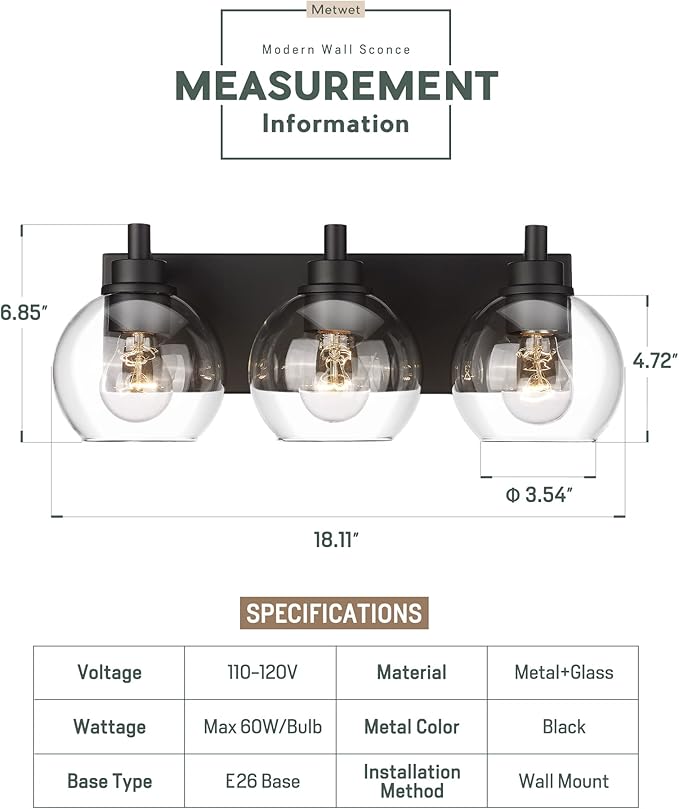 METWET Bathroom Light Fixtures, 3-Light Matte Black Vanity Light, Modern Wall Sconces with Clear Glass Globe Shade, Bathroom Wall Lights for Mirror Kitchen Bedroom Hallway, VL195-MB-3