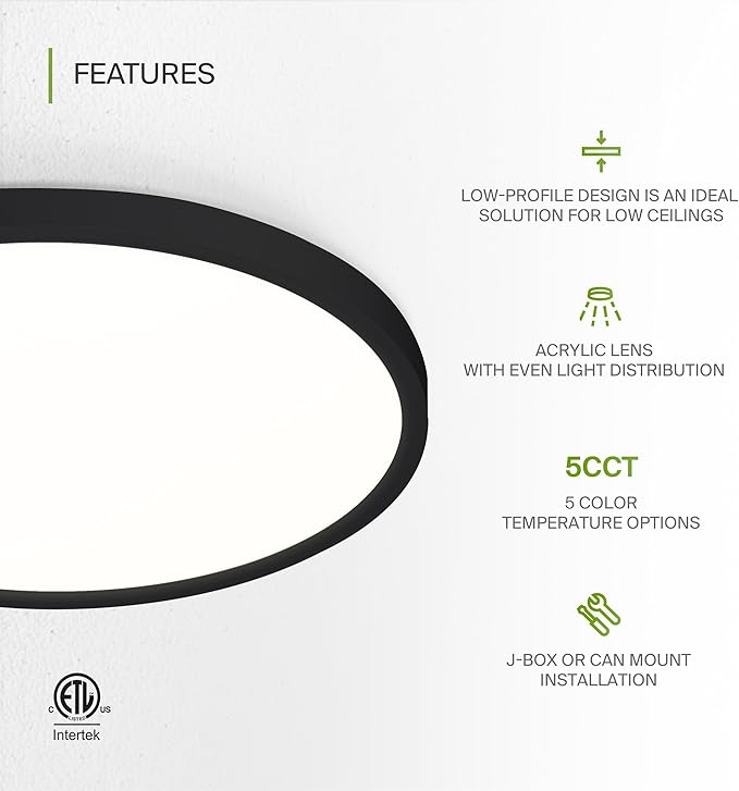 ASD LED 12" Round Flush Mount Ceiling Light Fixture, Low Profile Surface Lighting | 5CCT, Dimmable, Ultra-Thin, ETL Listed | 24W 1900LM 2700-6000K 120V | Kitchen, Bedroom, Hallway Lamp | Black, 4 Pack