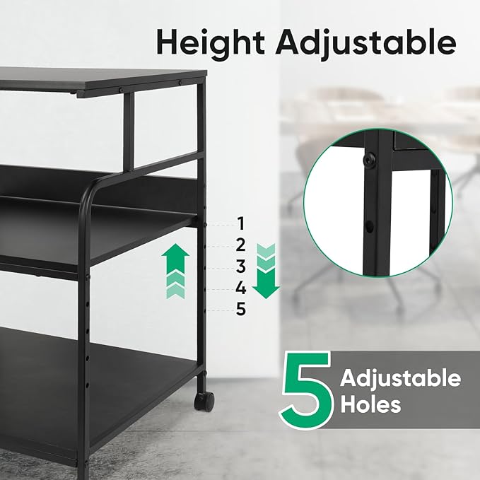 GCCSJ Large Printer Stand，3 Tier Printer Cart with Adjustable Storage Shelf，23.6 x18.9 x 29.5 inches Printer Stand for Home Office, Stands for Heat Press Scanner Fax, Industrial Style, Black