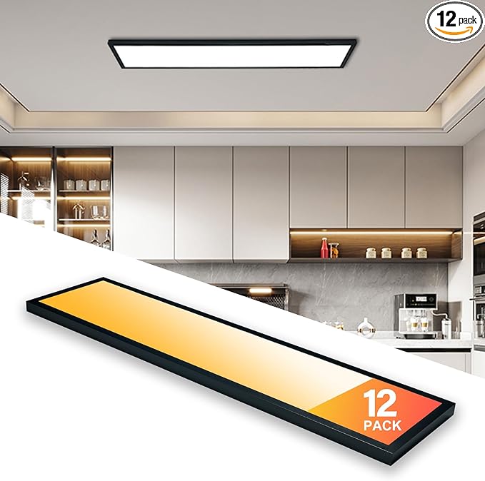 Mcacggo 12-Pack Black 1x4 LED Flat Panel Light Surface Mount, 5000K-4000K-3000K Selectable & Triac Dimmable, for Kitchen, Garage, 40W, 100-277V, ETL