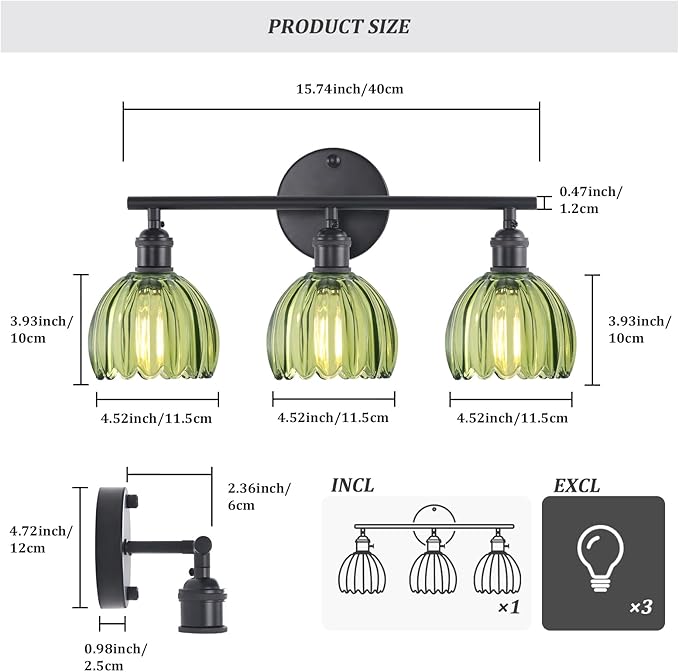 Shenmoyl Bathroom Light Fixtures, 3-Light Black Vanity Wall Light Over Mirror with Green Tulip Glass Shade for Bedroom Living Room (Bulb Not Included)