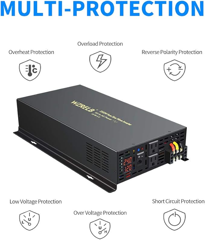 WZRELB 3500W 24VDC 120VAC Pure Sine Wave Power Inverter, 2 AC Outlets, Wired Remote Control, RV (RBP-350024WR)