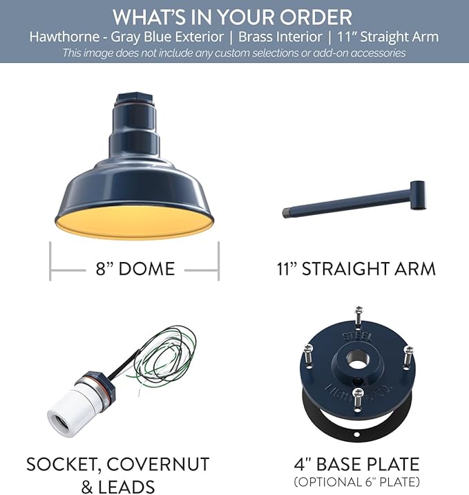 Steel Lighting Co. Hawthorne Barn Light | Outdoor Wall Mounted | 8 inch Dome | 11" Straight Arm | Small Farmhouse Light Made in America | Gray Blue Exterior/Brass Interior