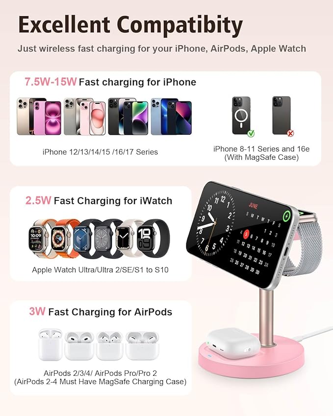 3 in 1 Wireless Charging Station for Apple, 15W Fast Magnetic Charger Stand Wireless Nightstand for Bedrooms, iPhone 17 16 15 14 13 12 Series, Apple Watch, Airpods, Women Gifts (No AC Adapter) Pink