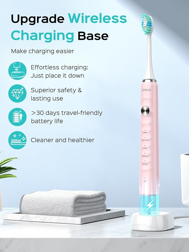 COSLUS Sonic Electric Toothbrush for Kids & Adults: 47000 VPM for Deep Cleaning & Whitening with Travel Case - 5 Modes for Sensitive Teeth & Braces, Wireless Charging, 6 Brush Heads, Pink (1PC)