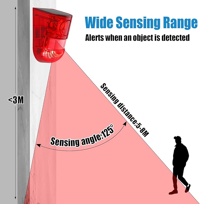 Qualirey 8 Pack Solar Sound and Light Alarm Motion Sensor 129db Outdoor Security Siren Waterproof Motion Activated Detector Alarm 6 LEDs Flash Warning Strobe System for Home, Farm (Red)